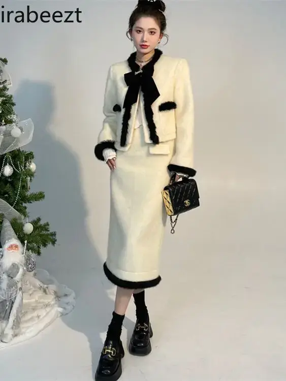 Autumn and Winter Festival Atmosphere Premium Eelgant Thick Coat with Half Skirt Two-piece Set Conjuntos Feminino Elegante