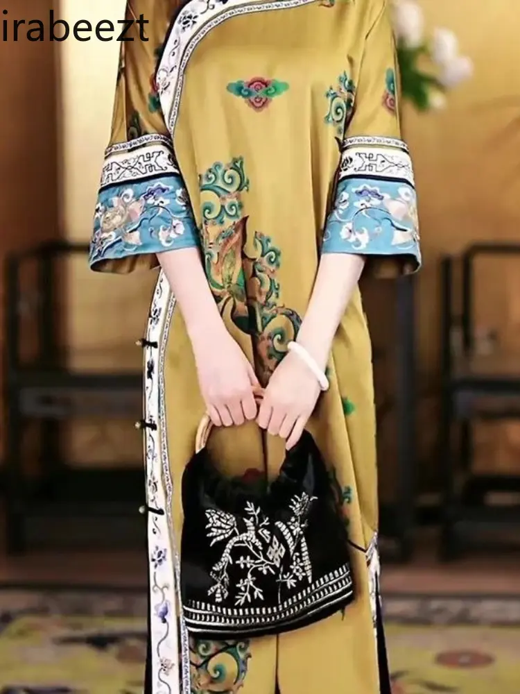 Elegant Vintage Cheongsam Flowy Loose Fit Traditional Chinese Qipao Hanfu Robe with Slit Feminine Modest Casual Outfit for Women