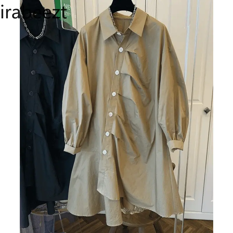 Autumn Loose Casual Cotton Design Sense of Small Skirt Vintage Temperament Diagonal Buckle Irregular Long-sleeved Dress