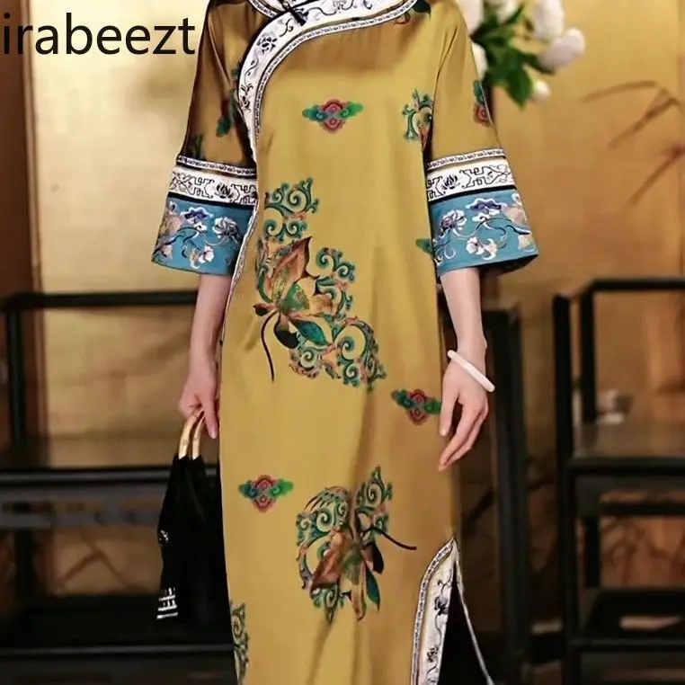 Elegant Vintage Cheongsam Flowy Loose Fit Traditional Chinese Qipao Hanfu Robe with Slit Feminine Modest Casual Outfit for Women
