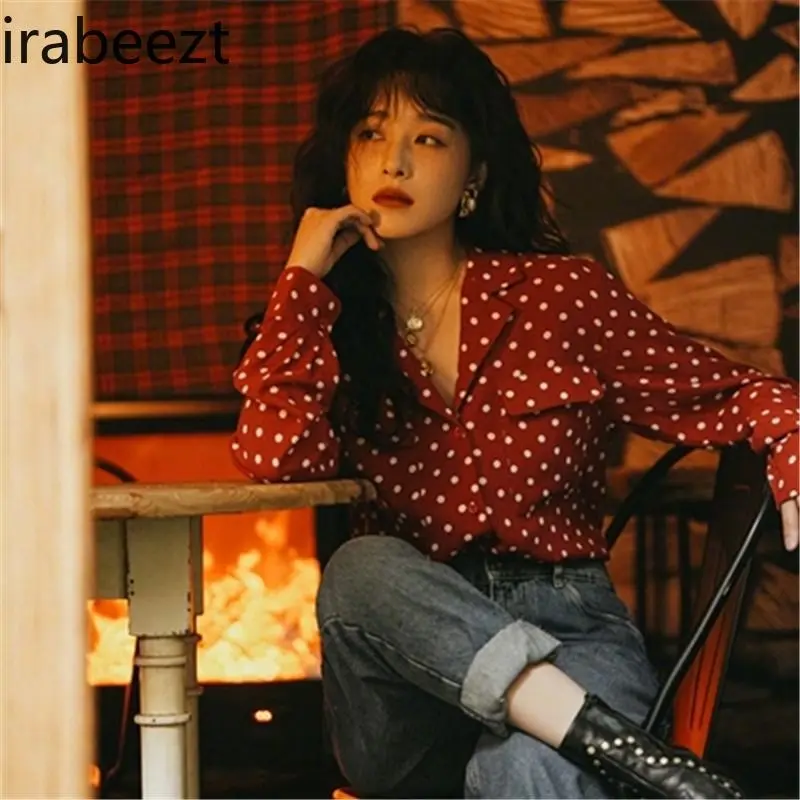V-neck Red Polka Dot Shirt Women Spring and Autumn New French Style Vintage Long-sleeved Regulai Fit Tops Mujer Blouse Women