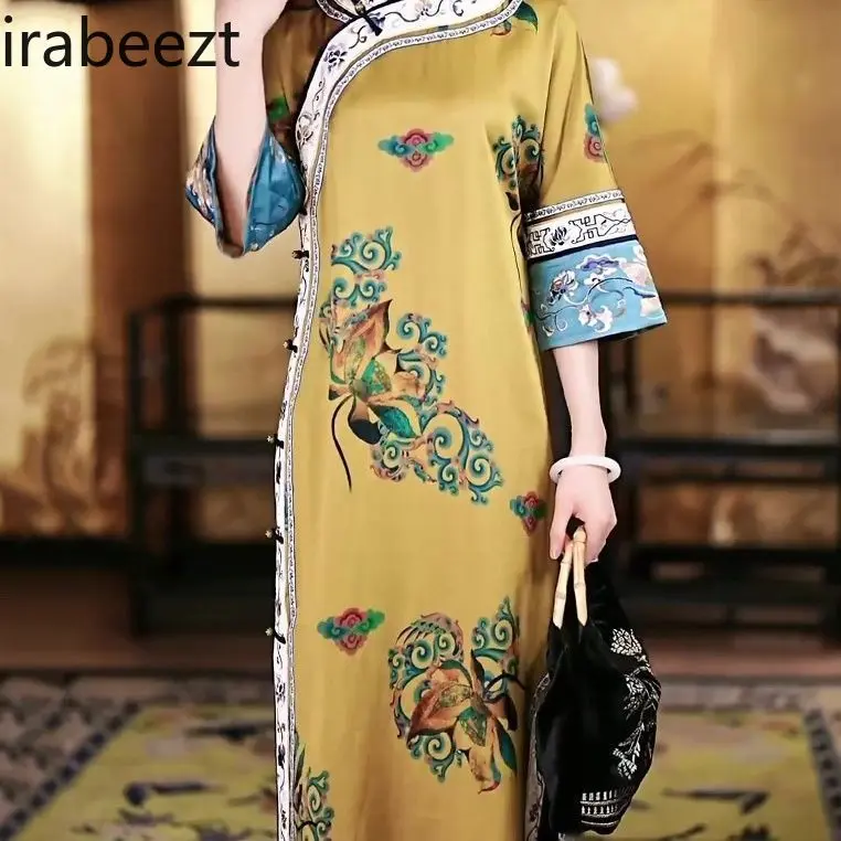Elegant Vintage Cheongsam Flowy Loose Fit Traditional Chinese Qipao Hanfu Robe with Slit Feminine Modest Casual Outfit for Women