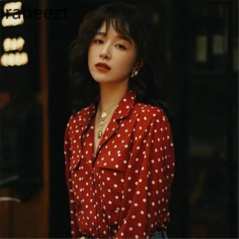 V-neck Red Polka Dot Shirt Women Spring and Autumn New French Style Vintage Long-sleeved Regulai Fit Tops Mujer Blouse Women