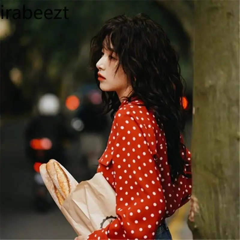 V-neck Red Polka Dot Shirt Women Spring and Autumn New French Style Vintage Long-sleeved Regulai Fit Tops Mujer Blouse Women