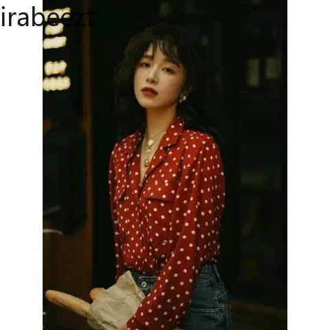 V-neck Red Polka Dot Shirt Women Spring and Autumn New French Style Vintage Long-sleeved Regulai Fit Tops Mujer Blouse Women
