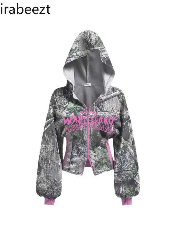 American Camouflage Printed Personality Joint New Trend Waist Casual Zipper Loose Hoodie LOOSE FIT Sweatshirt