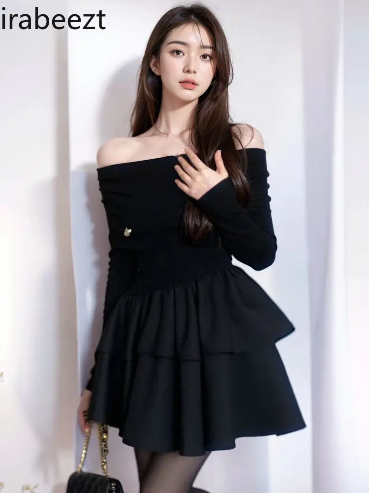 French Hepburn Style Black One-shoulder Dress Autumn and Winter 2025 New Style Small Size Slim Temperament Puffy Skirt