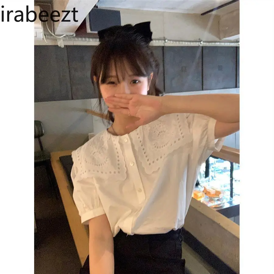 Sweet Japanese Lace Doll Collar Lace White Shirt Female 2025 Summer New Bubble Sleeve Design Top Blusas Femininas Elegantes