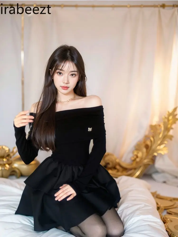 French Hepburn Style Black One-shoulder Dress Autumn and Winter 2025 New Style Small Size Slim Temperament Puffy Skirt