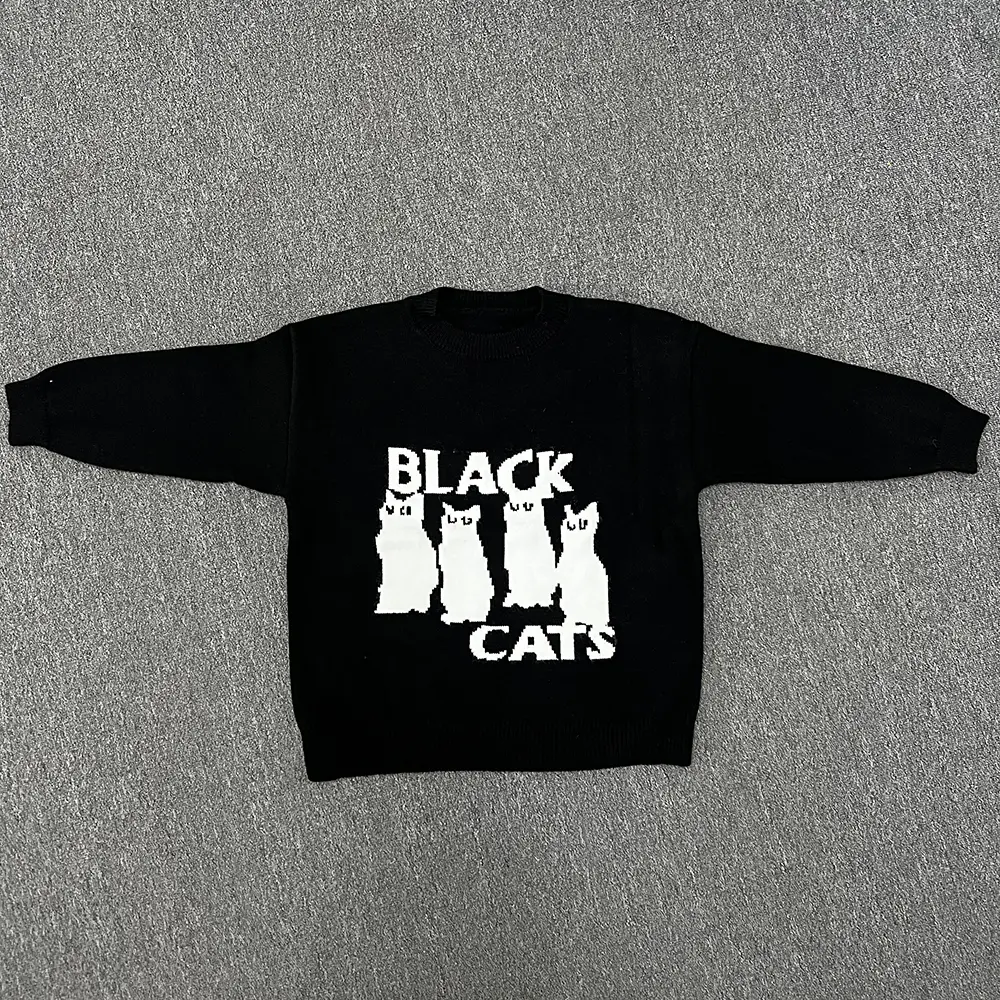 Vintage Cartoon Knitted Pullover Women Sweater Cat Letter Knitwear Autumn 2024 New Loose Versatile Knit Top Female Clothing