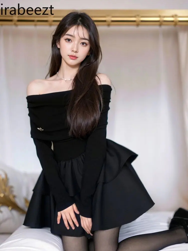 French Hepburn Style Black One-shoulder Dress Autumn and Winter 2025 New Style Small Size Slim Temperament Puffy Skirt