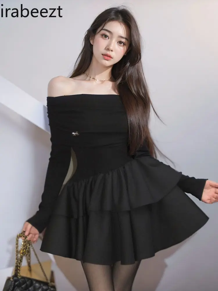 French Hepburn Style Black One-shoulder Dress Autumn and Winter 2025 New Style Small Size Slim Temperament Puffy Skirt