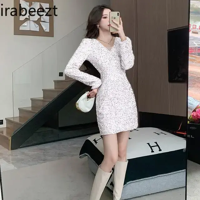 Gentle Sexy Celeb Style Glitter High-end Long Sleeve Robe French Temperament Slimming Waist Banquet Evening Dress
