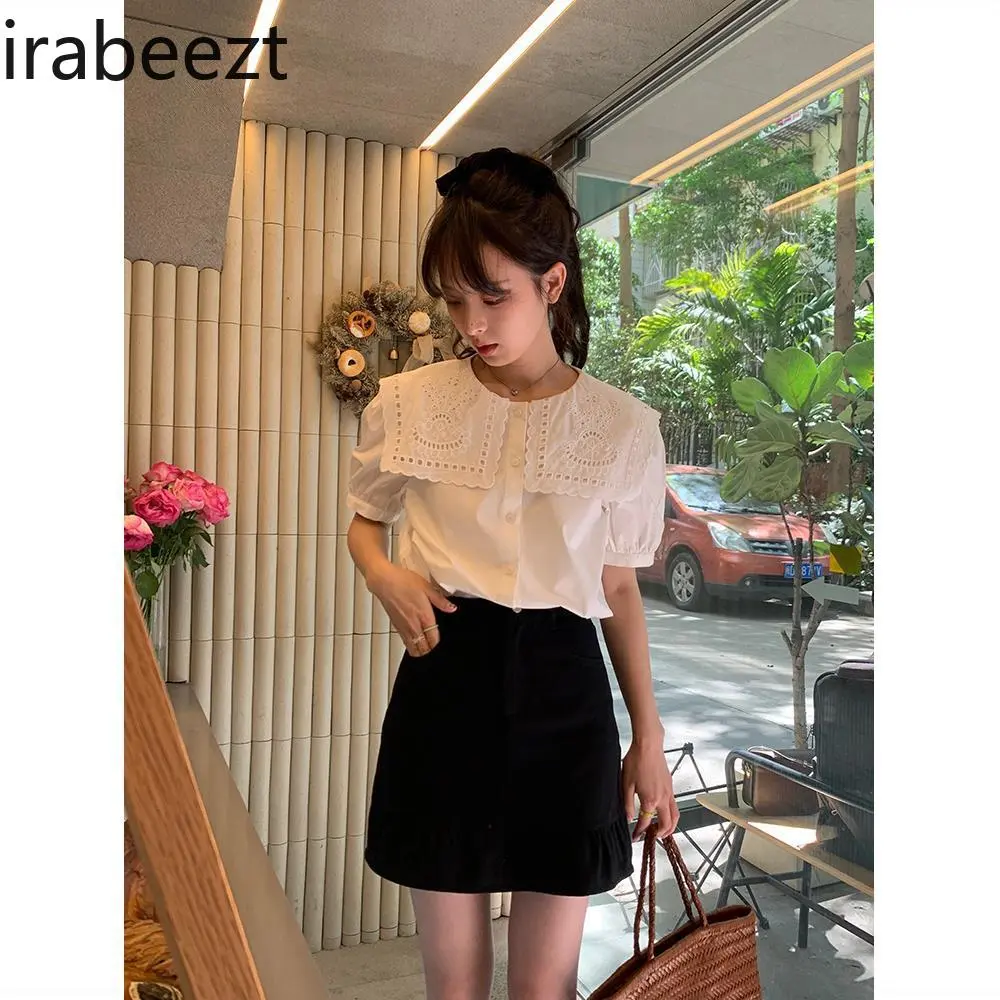 Sweet Japanese Lace Doll Collar Lace White Shirt Female 2025 Summer New Bubble Sleeve Design Top Blusas Femininas Elegantes