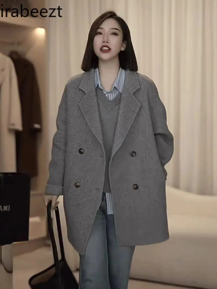 All-in-one Short 2024 Autumn/winter Korean Version Grey Silhouette Woolen Coat Temperament Long Exture Sense of Female Jacket