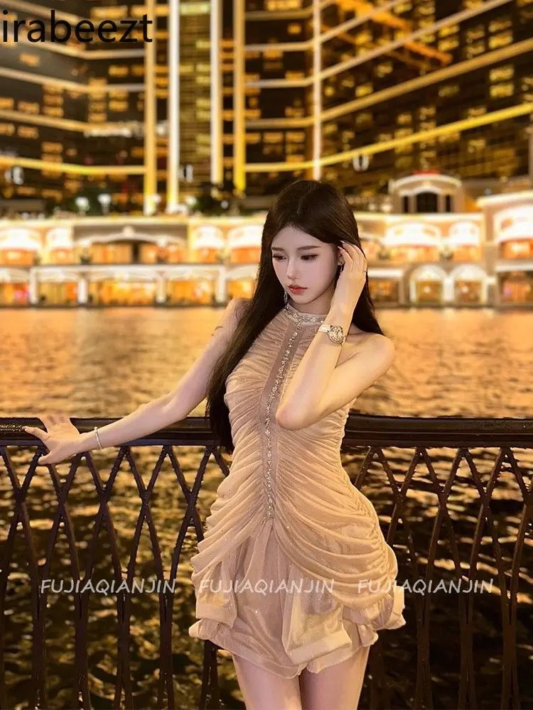 French Style Lady's Slim Fit Summer Luxury Robe Sleeveless Hot Girl High-end Pleated Waist Birthday Dress Vestidos De Mujer