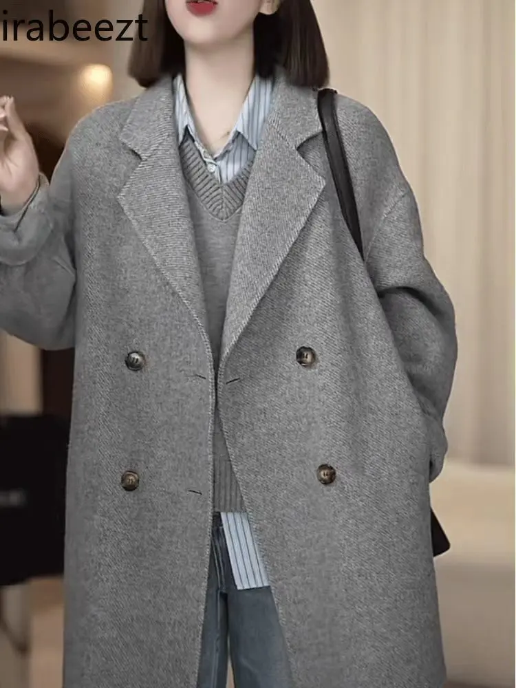 All-in-one Short 2024 Autumn/winter Korean Version Grey Silhouette Woolen Coat Temperament Long Exture Sense of Female Jacket
