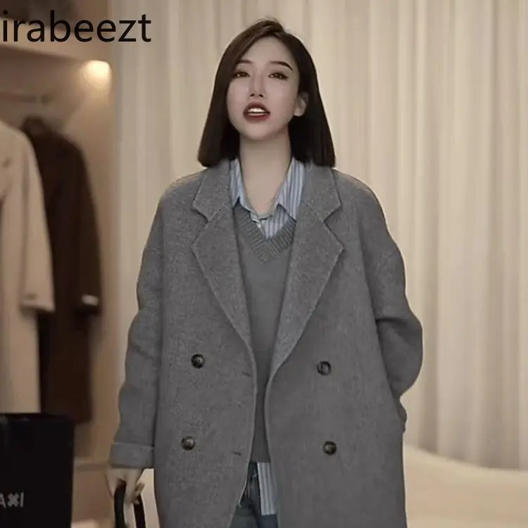 All-in-one Short 2024 Autumn/winter Korean Version Grey Silhouette Woolen Coat Temperament Long Exture Sense of Female Jacket
