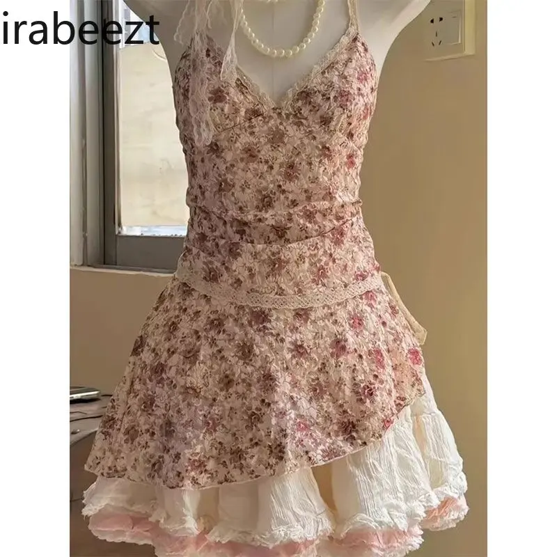 Small Irregular Design Floral Suspender Dress Women's Clothing Summer New Slim Fit Puffy Short Skirt Birthday Dress for Women