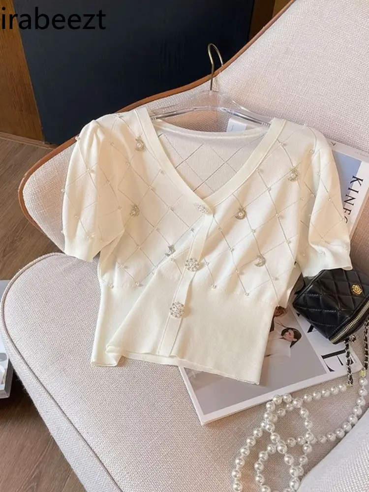 2025 Summer Retro Beaded Slim Knit Cardigan Women's V-Neck Pearl Button Waist-Fit Short Sleeve Top Vintage Clothes