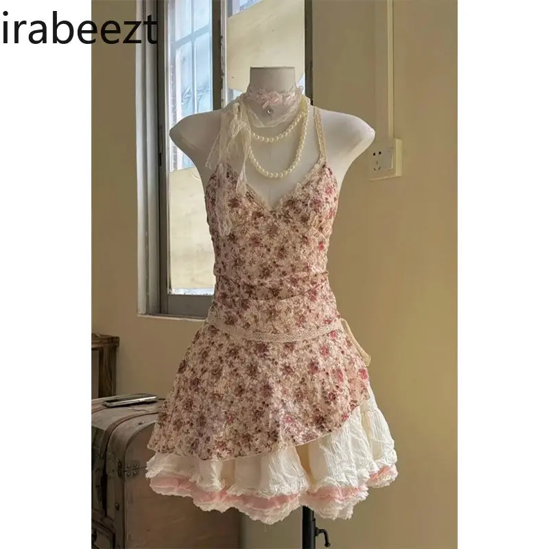 Small Irregular Design Floral Suspender Dress Women's Clothing Summer New Slim Fit Puffy Short Skirt Birthday Dress for Women