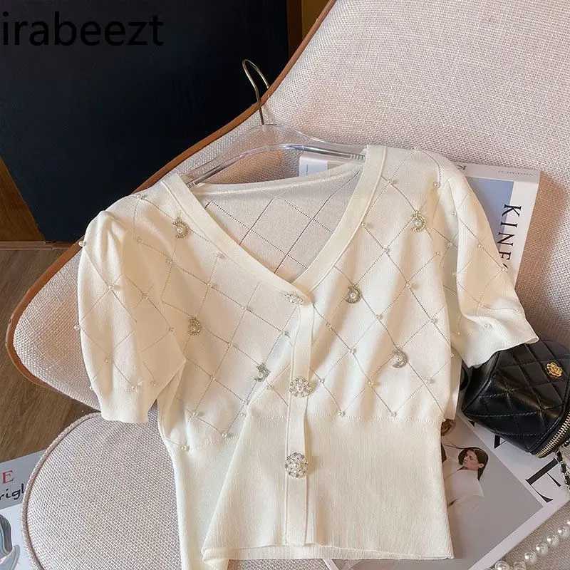 2025 Summer Retro Beaded Slim Knit Cardigan Women's V-Neck Pearl Button Waist-Fit Short Sleeve Top Vintage Clothes
