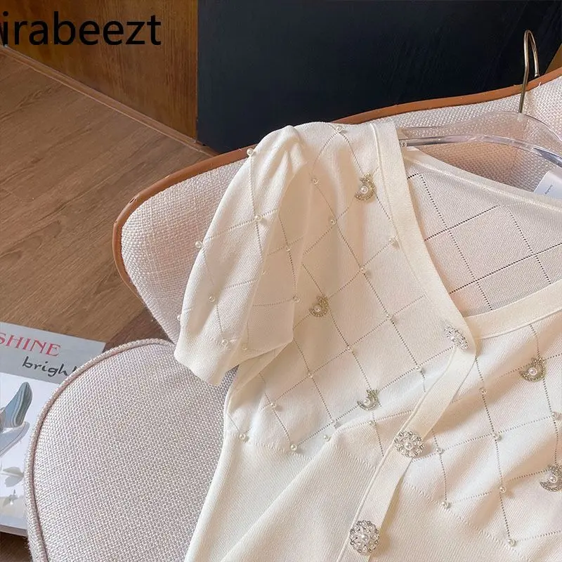 2025 Summer Retro Beaded Slim Knit Cardigan Women's V-Neck Pearl Button Waist-Fit Short Sleeve Top Vintage Clothes