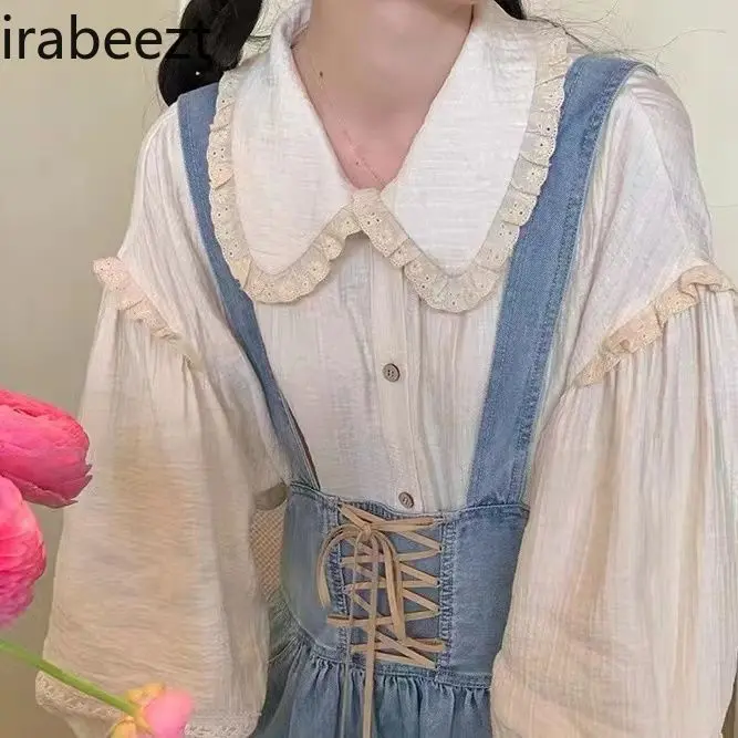 Jeans Do Old Suspenders Dress Women's Set 2024 Spring New + Doll Collar Lace Shirt Two Piece Sets Womens Outifits
