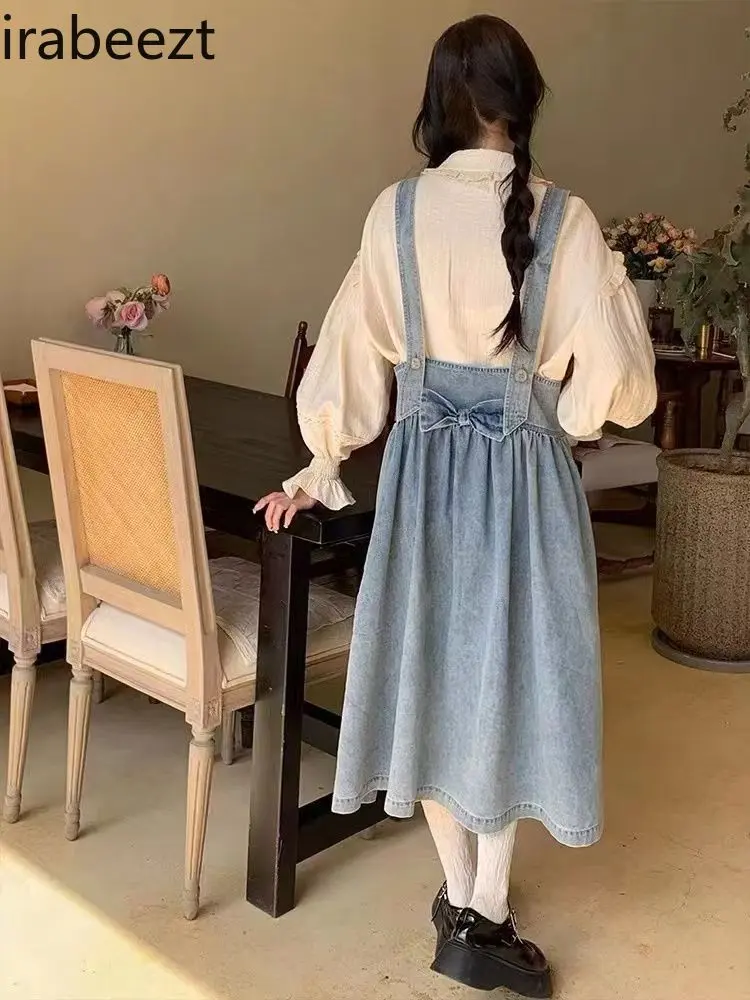 Jeans Do Old Suspenders Dress Women's Set 2024 Spring New + Doll Collar Lace Shirt Two Piece Sets Womens Outifits