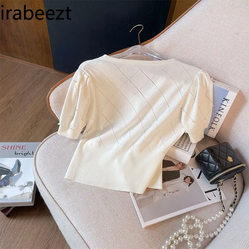2025 Summer Retro Beaded Slim Knit Cardigan Women's V-Neck Pearl Button Waist-Fit Short Sleeve Top Vintage Clothes