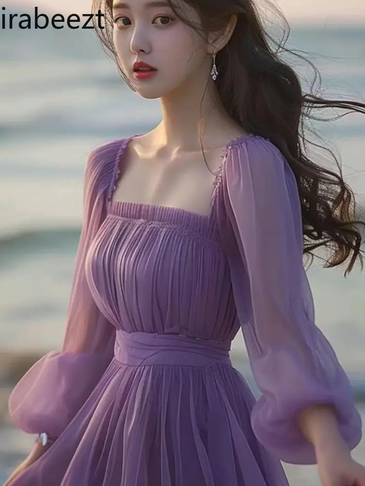 Elegant Summer Beach Robe Women's Flowy V-Neck Long Sleeve Floral Printed Chiffon Maxi Dress with Slit Casual Boho Party Gown