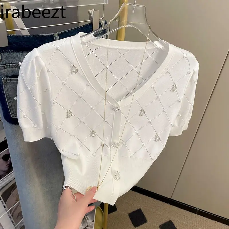 2025 Summer Retro Beaded Slim Knit Cardigan Women's V-Neck Pearl Button Waist-Fit Short Sleeve Top Vintage Clothes