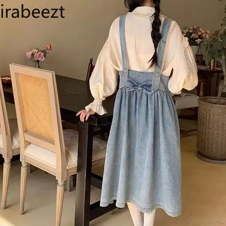 Jeans Do Old Suspenders Dress Women's Set 2024 Spring New + Doll Collar Lace Shirt Two Piece Sets Womens Outifits