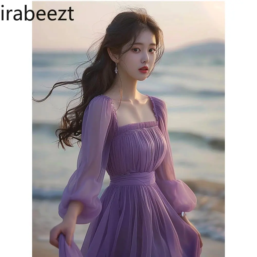Elegant Summer Beach Robe Women's Flowy V-Neck Long Sleeve Floral Printed Chiffon Maxi Dress with Slit Casual Boho Party Gown
