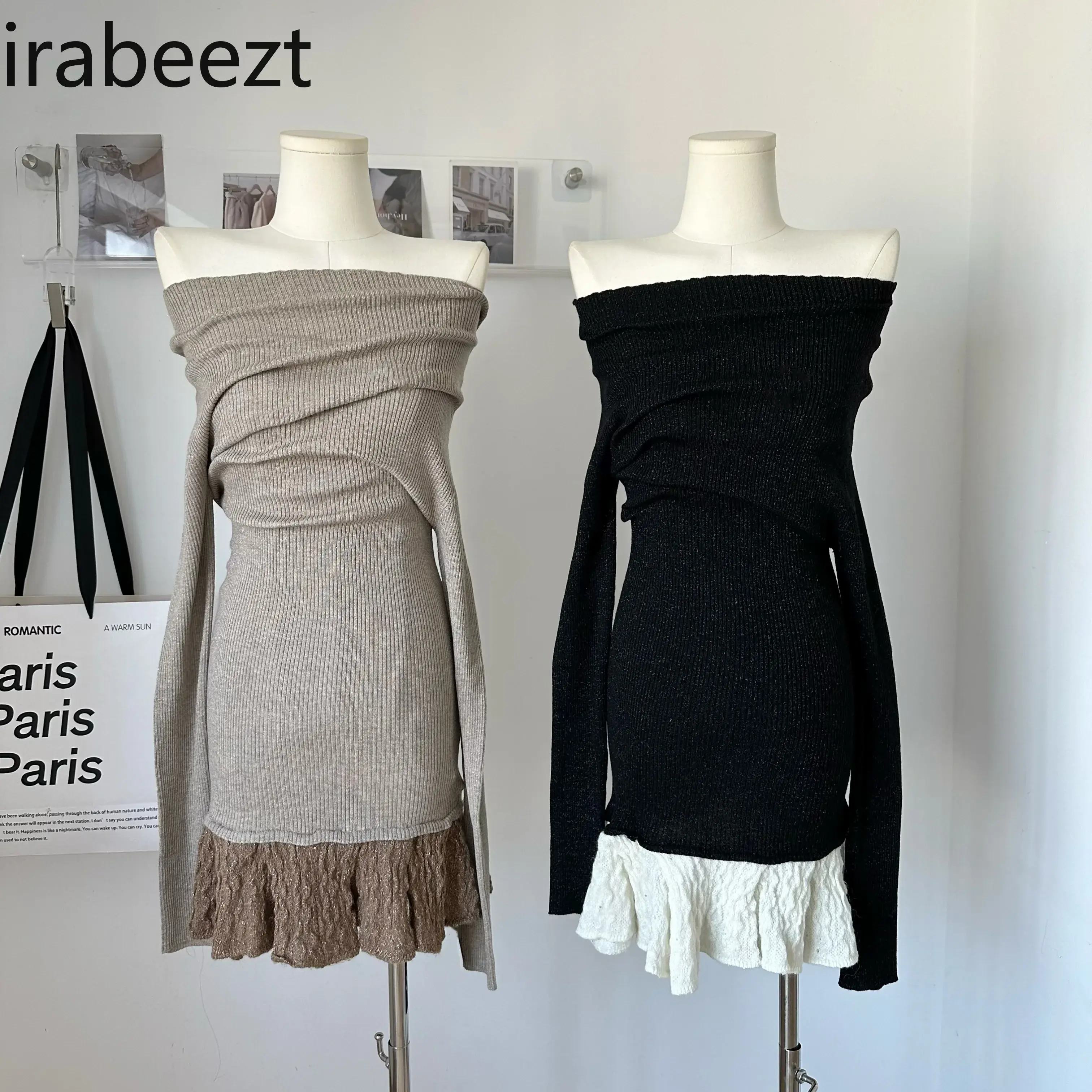 One-shoulder Black Knit Sweater Dress Women's Spring Design Sense Patchwork Skirt Spice Robe Vestidos Para Grados