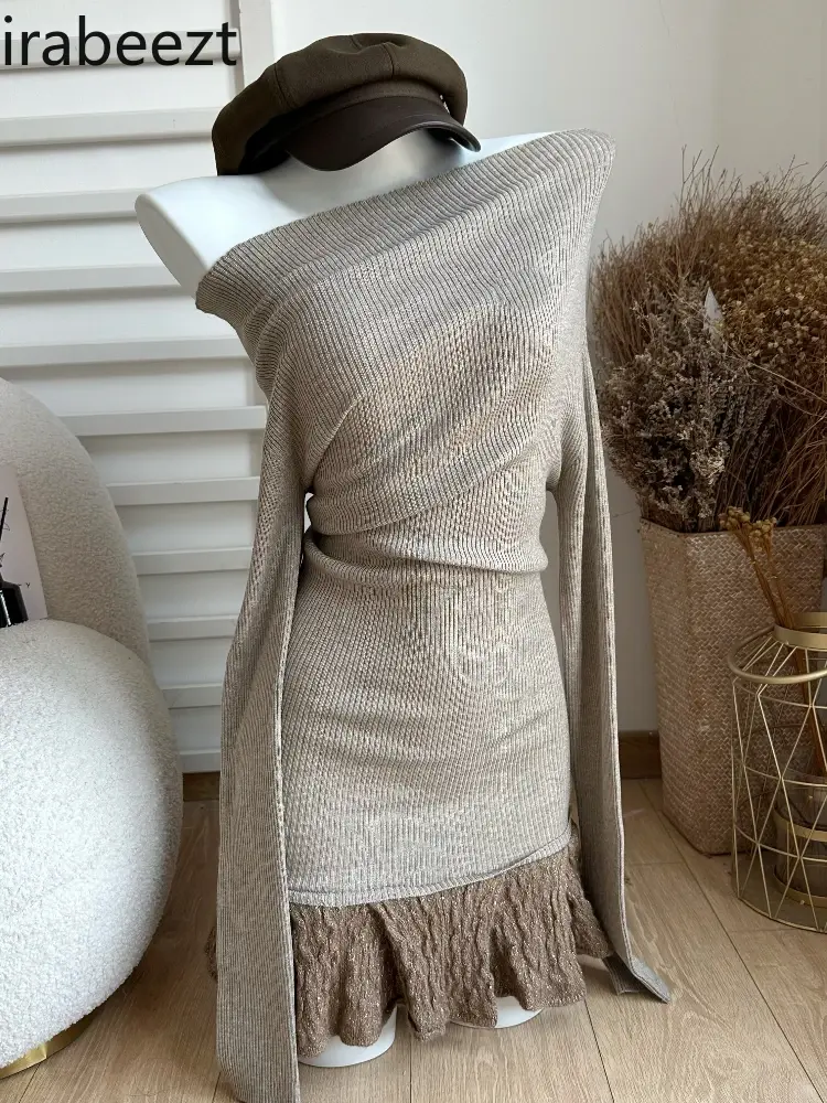 One-shoulder Black Knit Sweater Dress Women's Spring Design Sense Patchwork Skirt Spice Robe Vestidos Para Grados