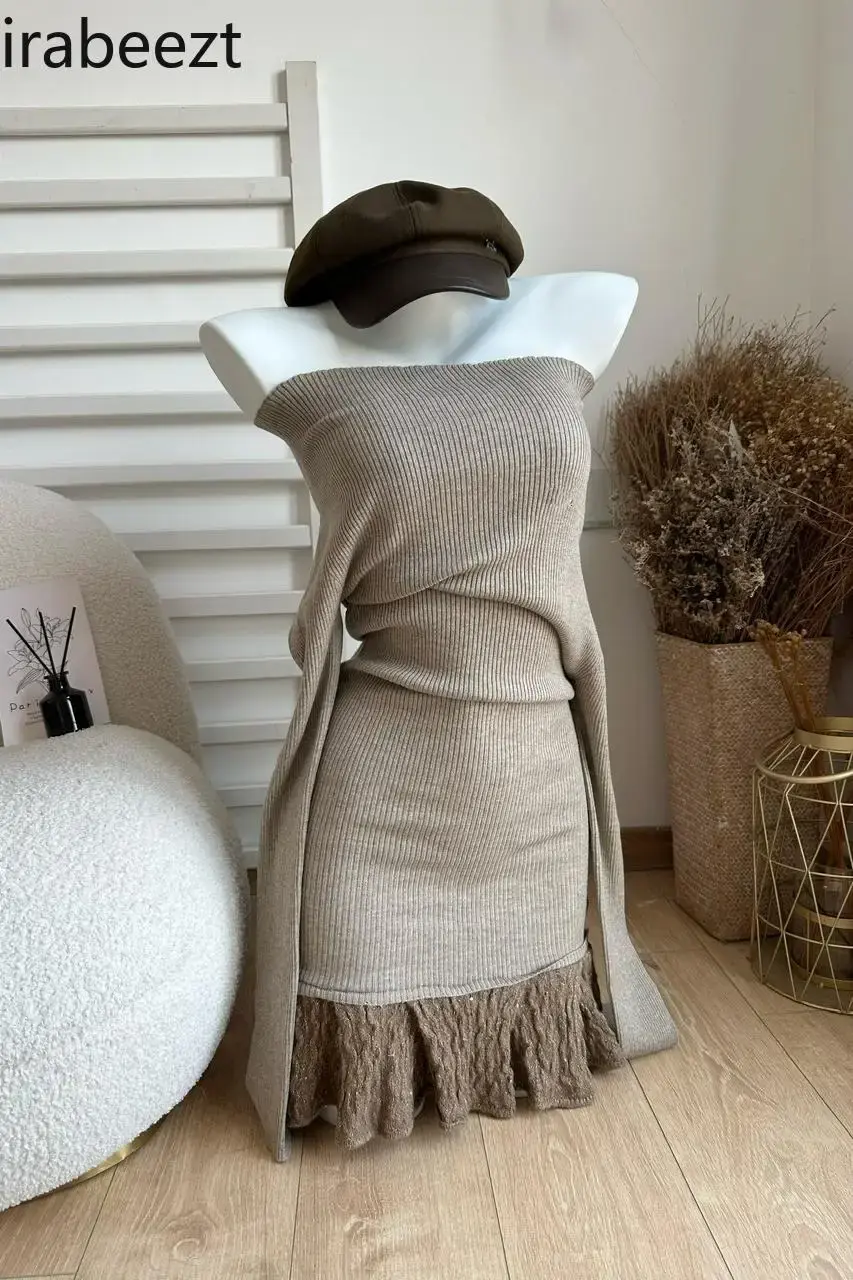 One-shoulder Black Knit Sweater Dress Women's Spring Design Sense Patchwork Skirt Spice Robe Vestidos Para Grados