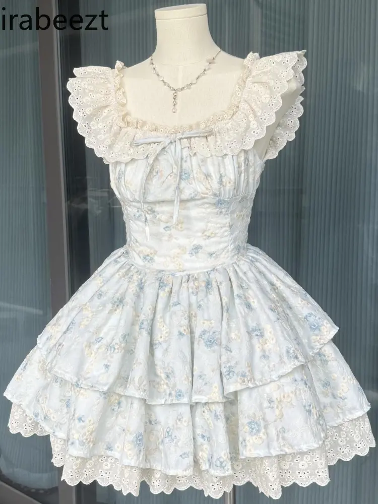 Summer New Style Small Flying Sleeve French Floral Dress Female Sweet Waist Slim Princess Puffy A-line Short Vintage Dress