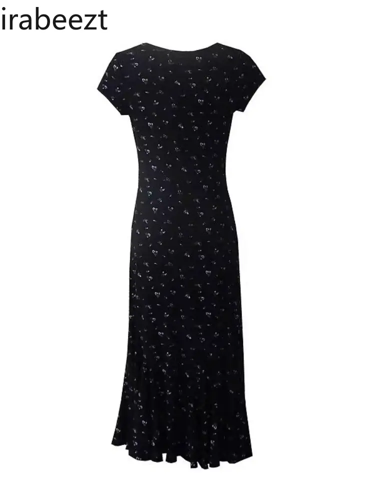 French Retro Gentle Temperament Summer Black Floral Slimming Short Sleeve Long Flounder Fishtail Waist Dress for Women