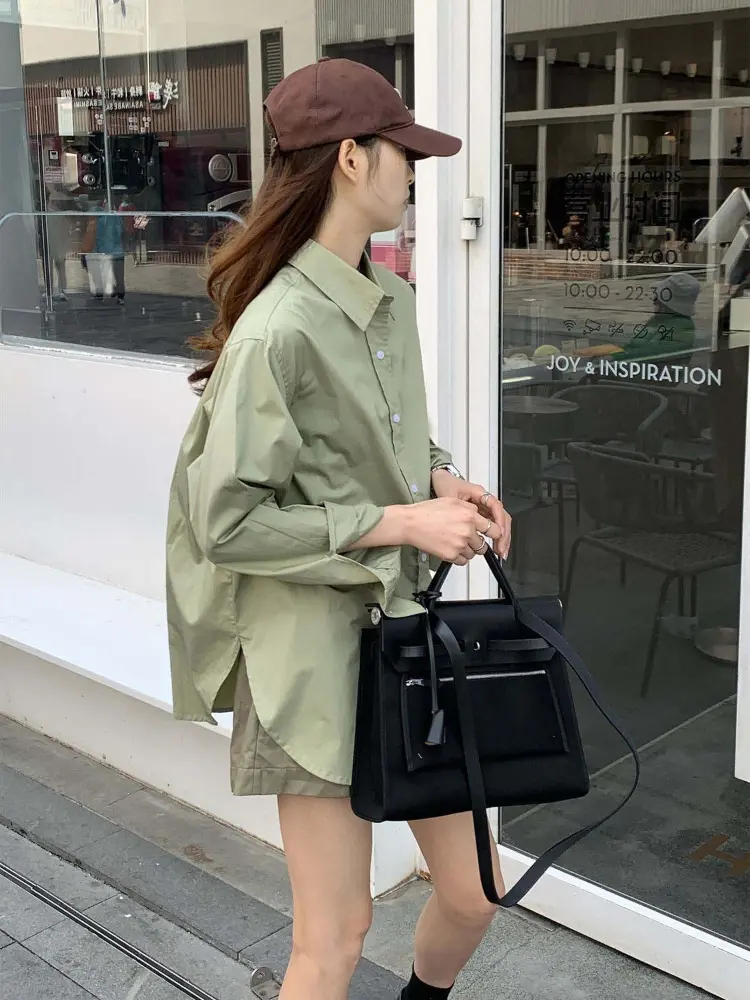 Avocado Green Long Sleeve Top Women's Thin Loose Solid Color PU Jacket Shirt Roupas Femininas Casual Blouse Women
