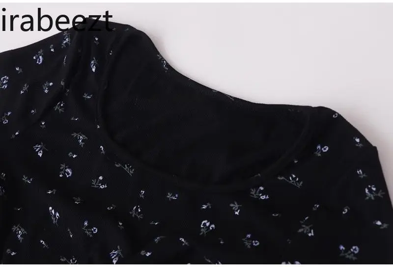 French Retro Gentle Temperament Summer Black Floral Slimming Short Sleeve Long Flounder Fishtail Waist Dress for Women