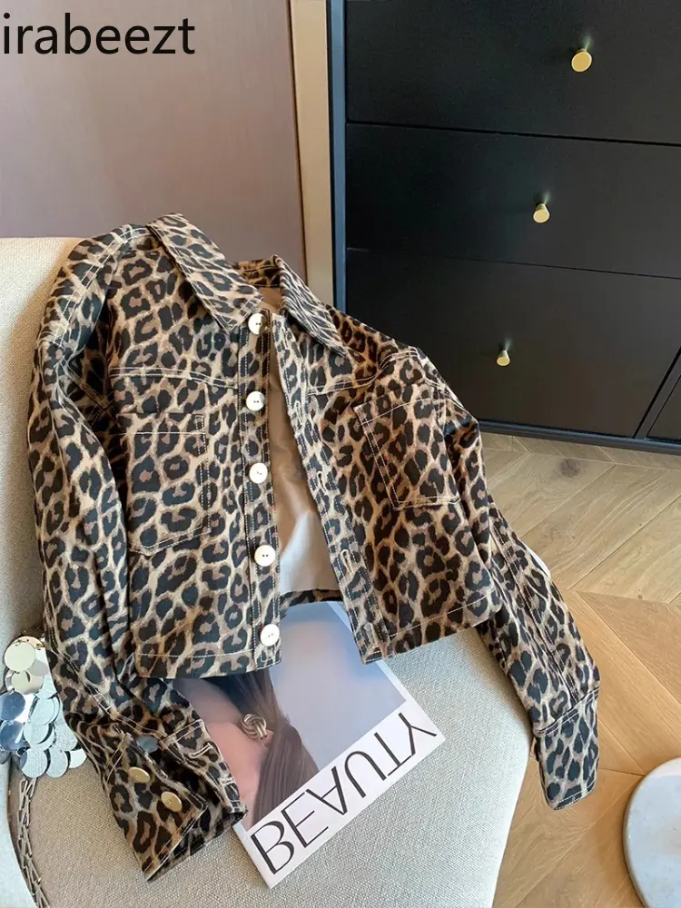 American Fashion Brand Design Sense Hot Sale Leopard Lapel Short Coat Female Spring and Autumn Temperament Casual Jacket