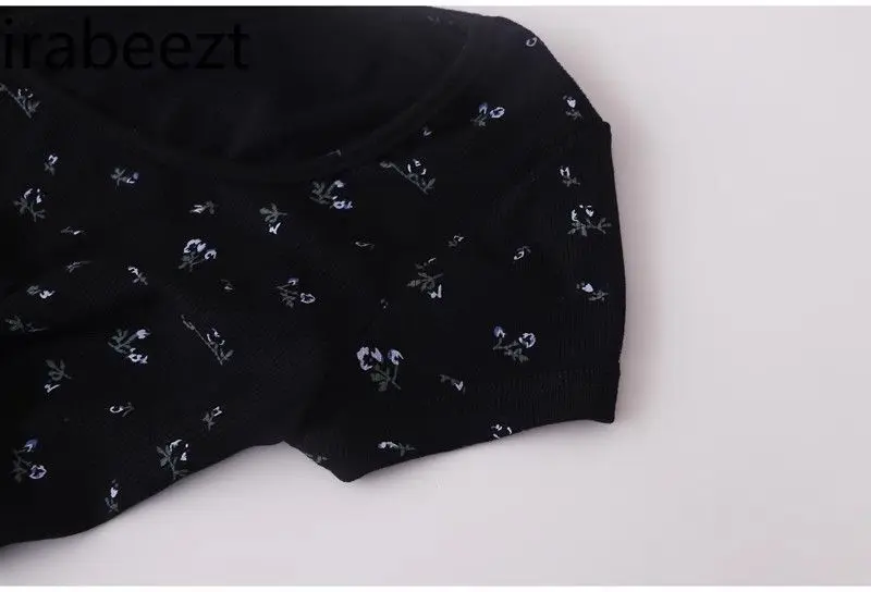 French Retro Gentle Temperament Summer Black Floral Slimming Short Sleeve Long Flounder Fishtail Waist Dress for Women