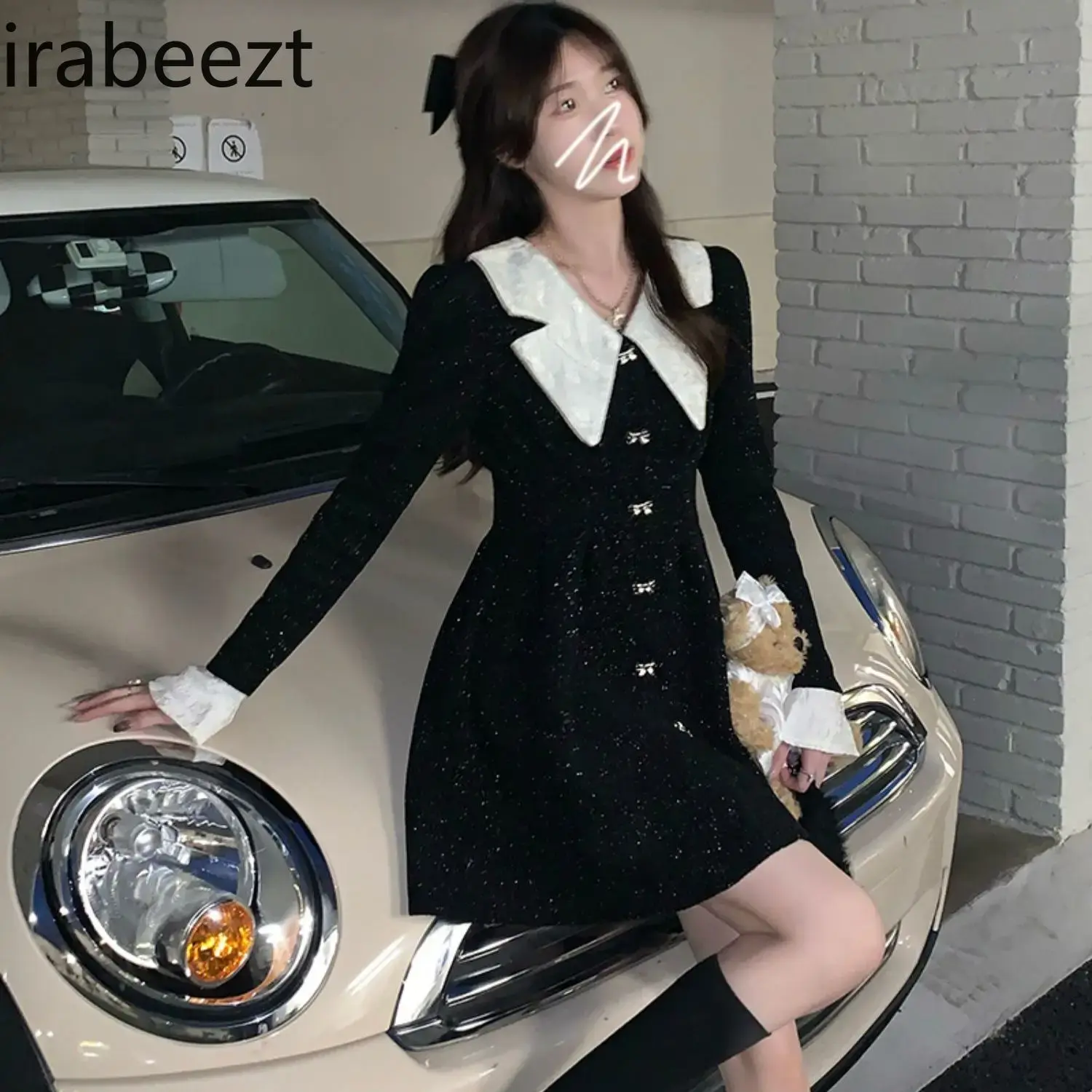 French Doll Collar Black Velvet Dress Autumn Winter Small Waist Slimming Bottom Little Black Dress Temperament Woman