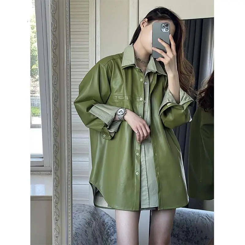 Avocado Green Long Sleeve Top Women's Thin Loose Solid Color PU Jacket Shirt Roupas Femininas Casual Blouse Women
