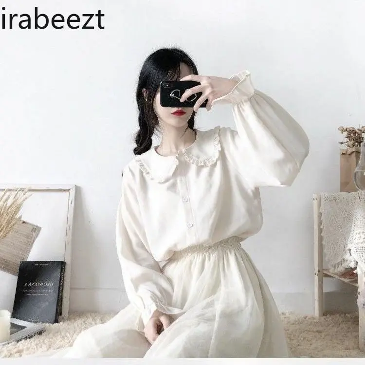Inner Shirt Autumn Japanese Soft Girl Cute Lace Doll Collar Tie Long Sleeve Top Bottoming Camisa Feminina Victorian Blouse White