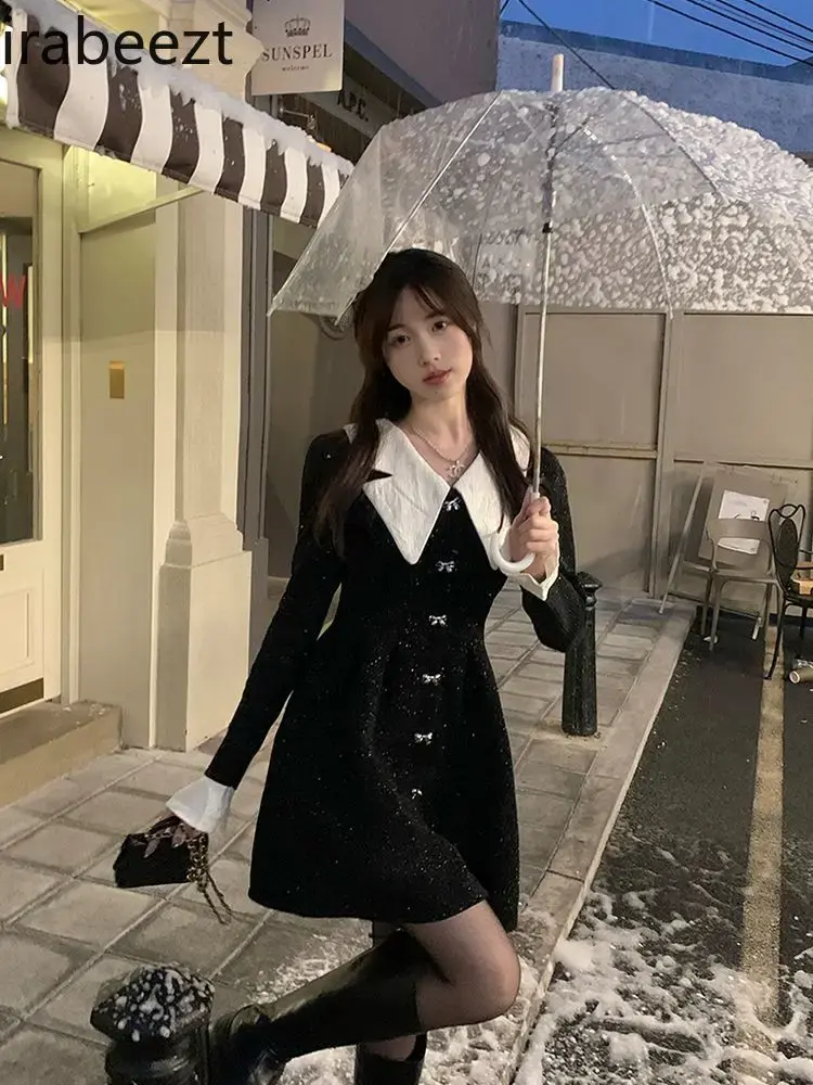 French Doll Collar Black Velvet Dress Autumn Winter Small Waist Slimming Bottom Little Black Dress Temperament Woman