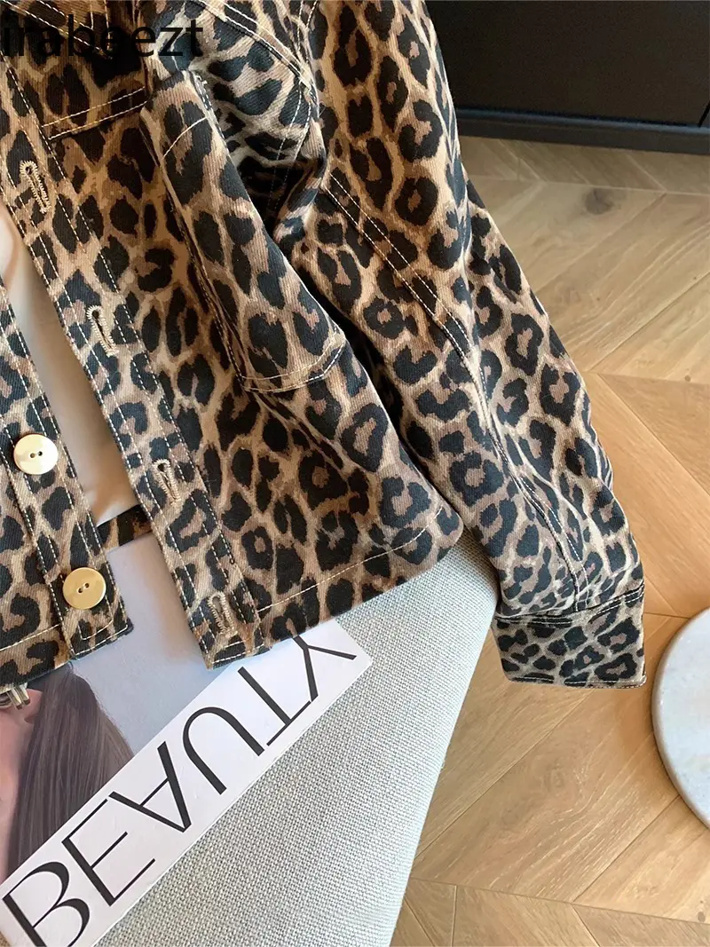 American Fashion Brand Design Sense Hot Sale Leopard Lapel Short Coat Female Spring and Autumn Temperament Casual Jacket