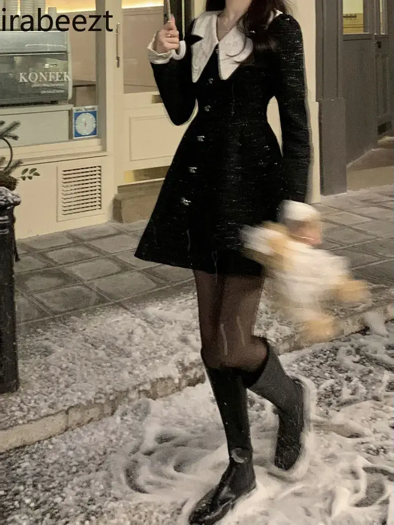 French Doll Collar Black Velvet Dress Autumn Winter Small Waist Slimming Bottom Little Black Dress Temperament Woman