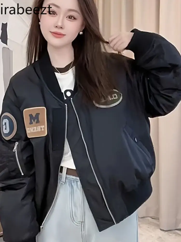 Letter Label Bomber Jacket Women Spring and Fall New American Retro Preppy Baseball Uniform Patchwork Coat Women